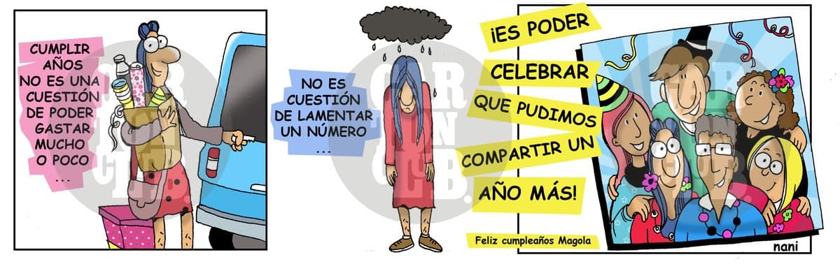 En tres escenas se reflexiona sobre el significado de cumplir años, pasando de lo material y lo melancólico hasta celebrar el aniversario de la propia tira cómica Magola.
