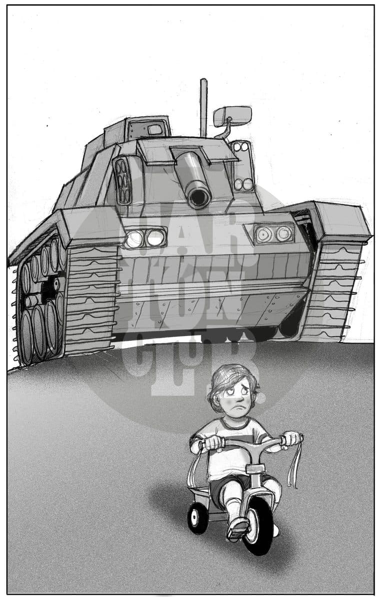Un enorme tanque de guerra aparece detrás de un niño pequeño que juega en un triciclo, contrastando la militarización con la infancia.