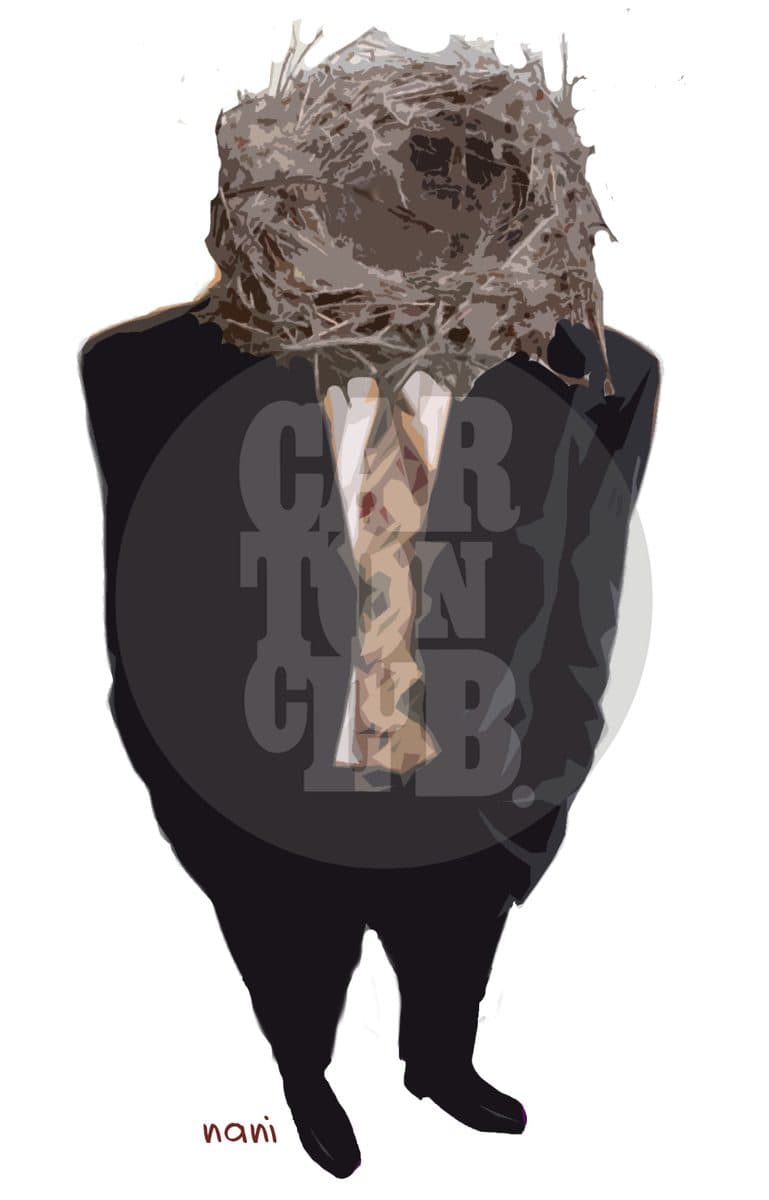 Un hombre de traje tiene un nido de pájaro vacío en lugar de cabeza, ilustrando el concepto del 'nido vacío'.
