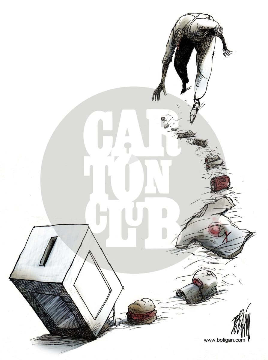 Una persona se desliza dejando un rastro de basura y objetos que conducen hasta una urna electoral, aludiendo a la compra de votos.