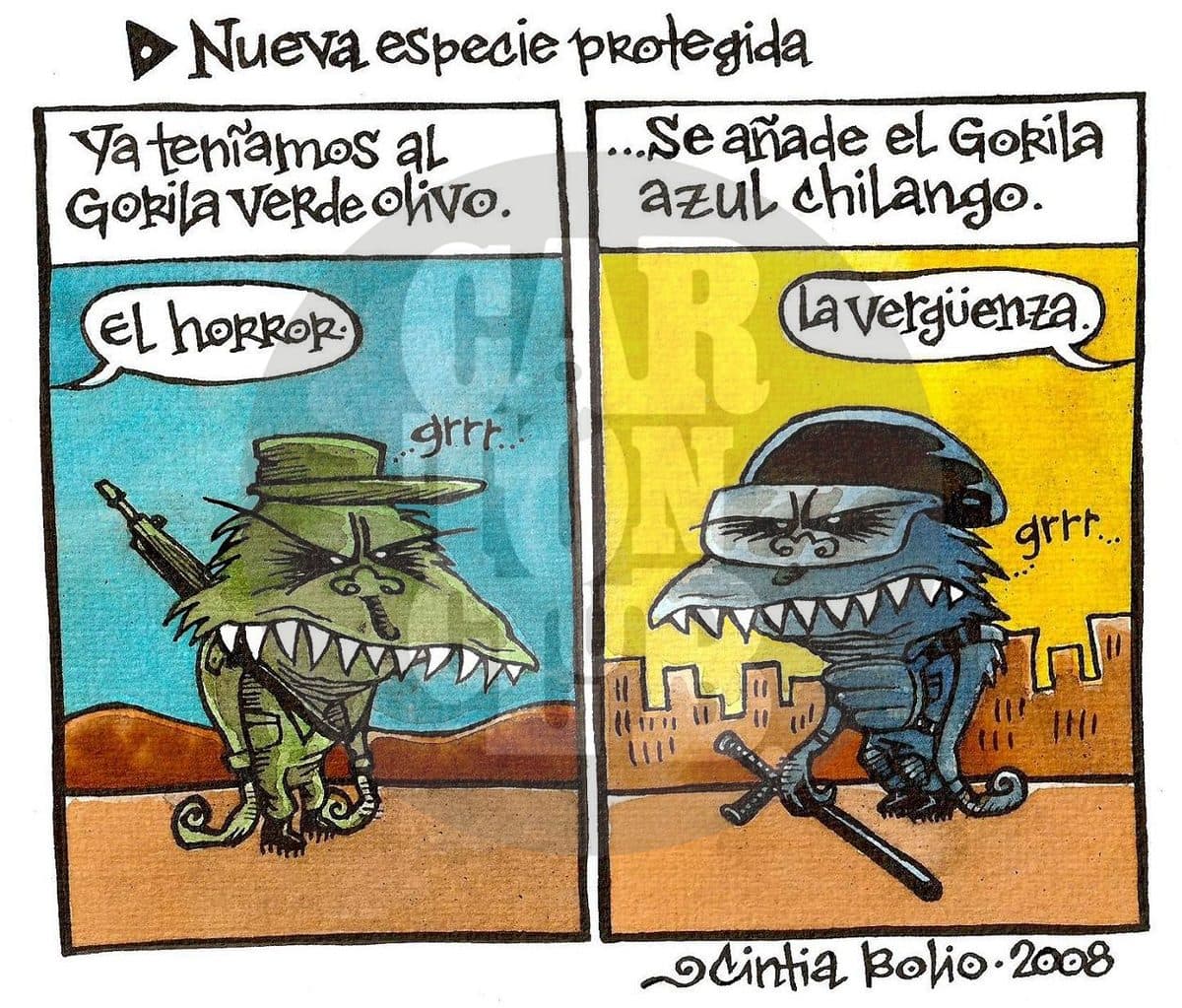 Dos criaturas tipo gorila, una vestida de militar y otra de policía capitalina, representan de forma satírica el uso excesivo de la fuerza por parte del ejército y la policía.