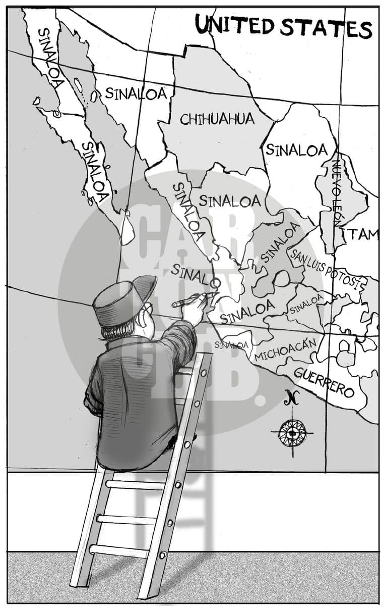 Un hombre etiqueta como 'Sinaloa' casi todos los estados de un mapa de México colocado bajo el rótulo 'United States'.
