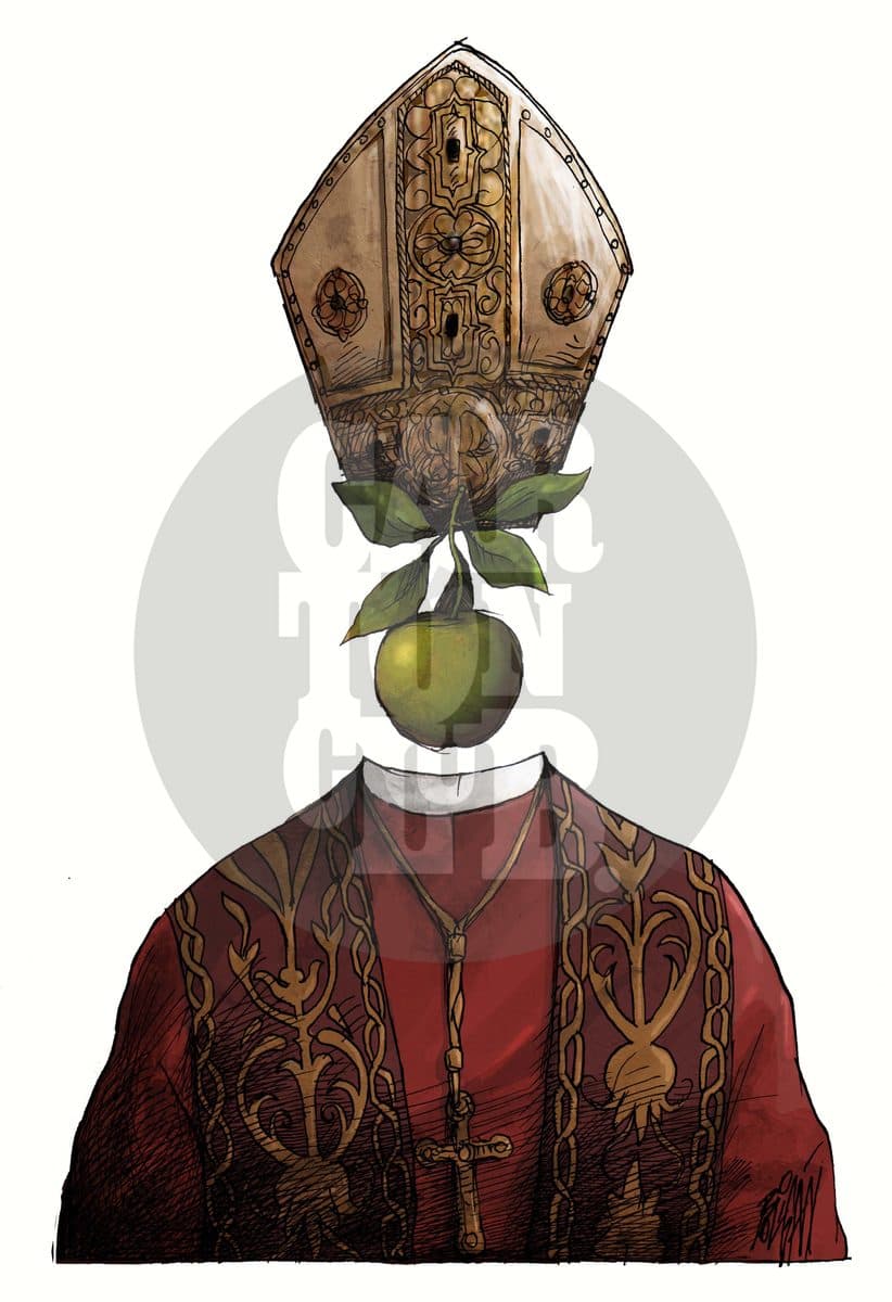 Una mitra episcopal enmarca una manzana en el lugar del rostro, aludiendo al proceso de elección de un nuevo Papa.
