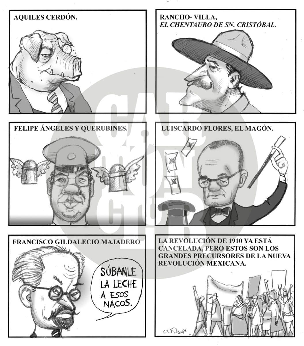 Retratos satíricos con nombres deformados de próceres de la Revolución Mexicana presentan a figuras corruptas como nuevos precursores de una 'revolución' actual.