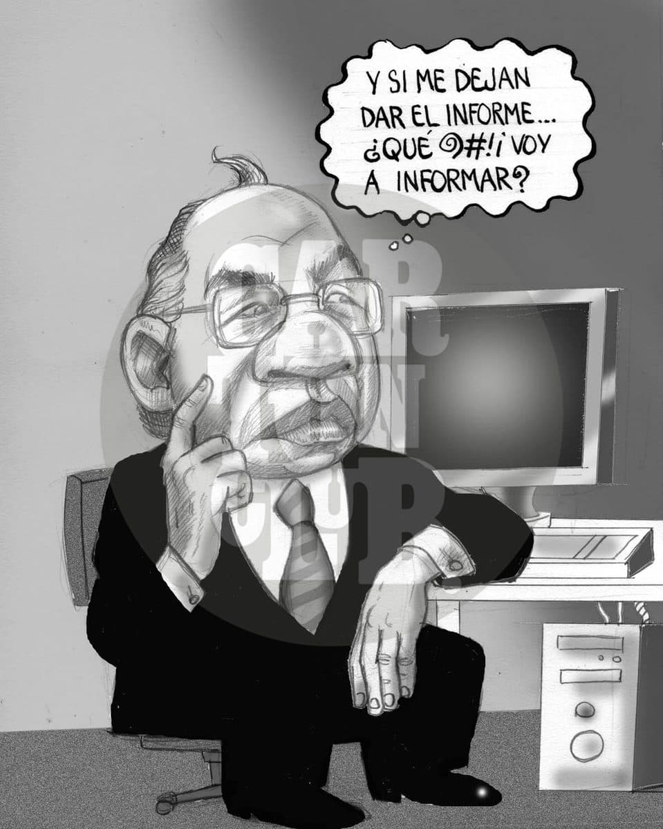 Un funcionario en su oficina se pregunta angustiado qué podrá informar en su discurso anual, sugiriendo la falta de logros de su gobierno.