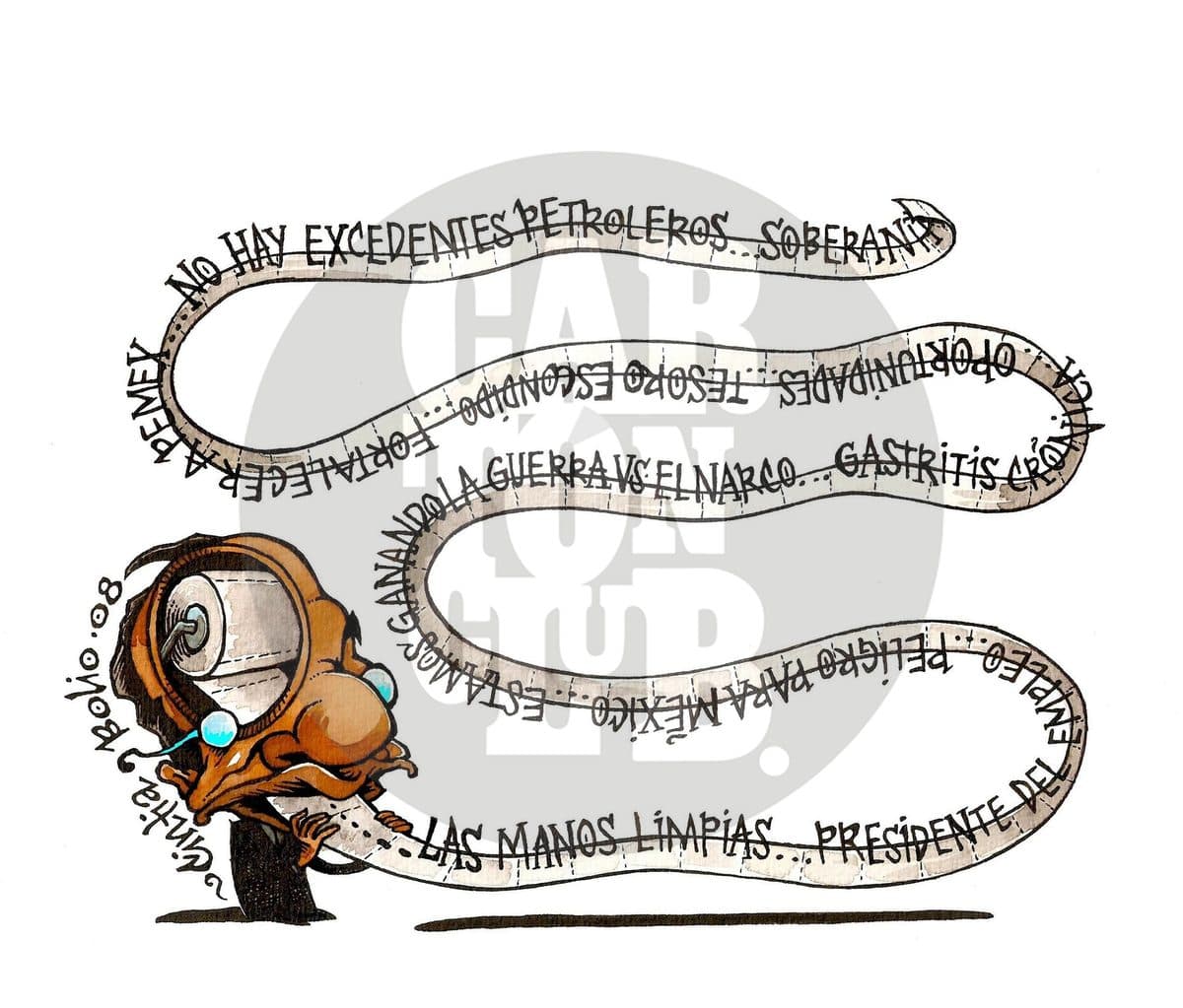 Un hombre expulsa una larga tira de texto en forma de serpiente con frases sobre Pemex, la guerra contra el narco y la corrupción, como un desahogo sobre los males del país.