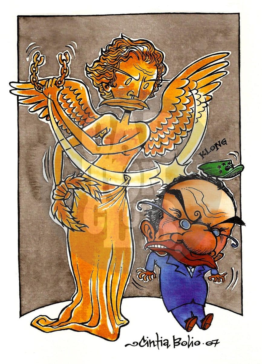 Una estatua alada encadenada, representación de la libertad, golpea a un pequeño funcionario asustado, en alusión al acuerdo de seguridad entre México y Estados Unidos.