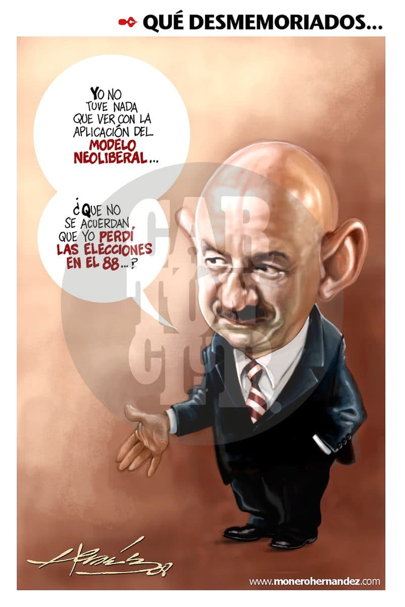 Un hombre calvo niega responsabilidad en la aplicación de un modelo económico neoliberal y recuerda que perdió unas elecciones en 1988, en tono irónico sobre la memoria política.