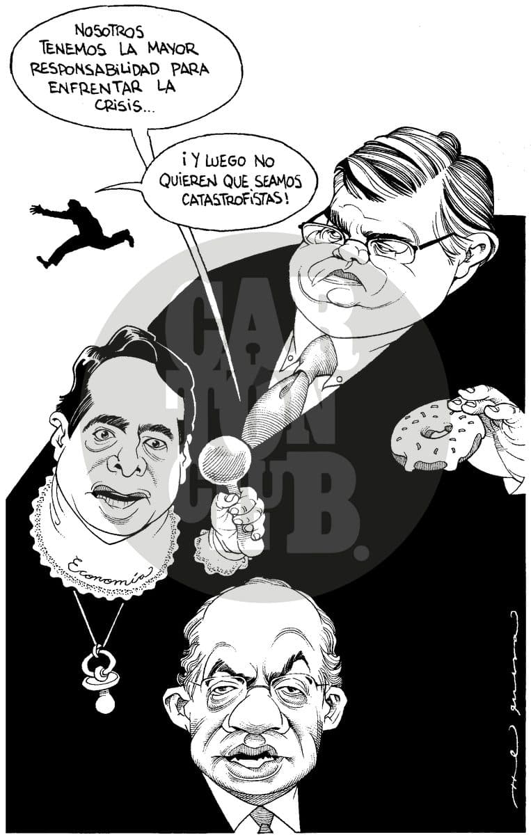 Funcionarios discuten quién tiene la mayor responsabilidad frente a la crisis económica mientras una figura huye corriendo, sugiriendo pánico generalizado.