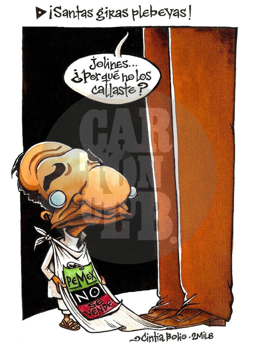 Un anciano con una manta que dice 'Pemex no se vende' es cuestionado por una gran figura que le pregunta por qué no calló a los manifestantes.