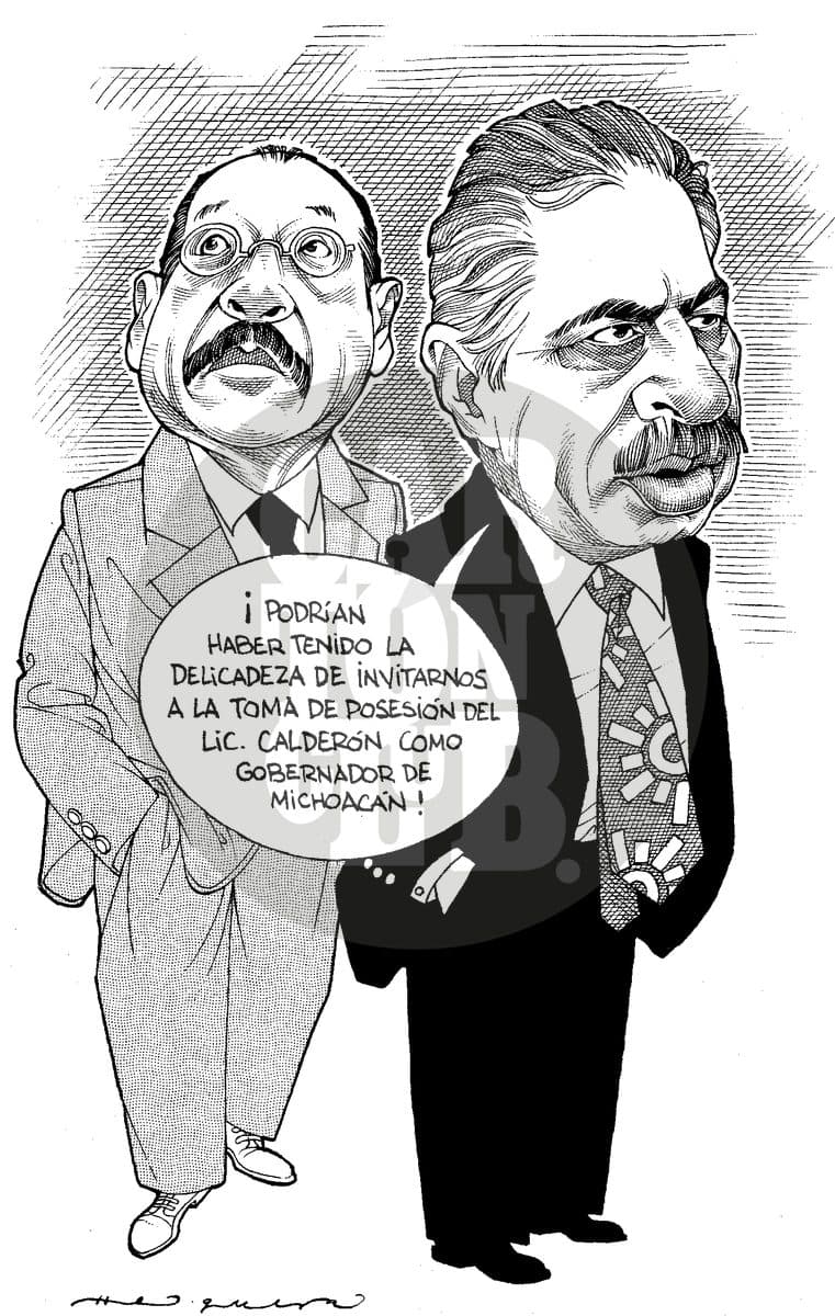 Dos hombres se quejan de no haber sido invitados a una toma de posesión de gobernador, comparándola irónicamente con la de Calderón.