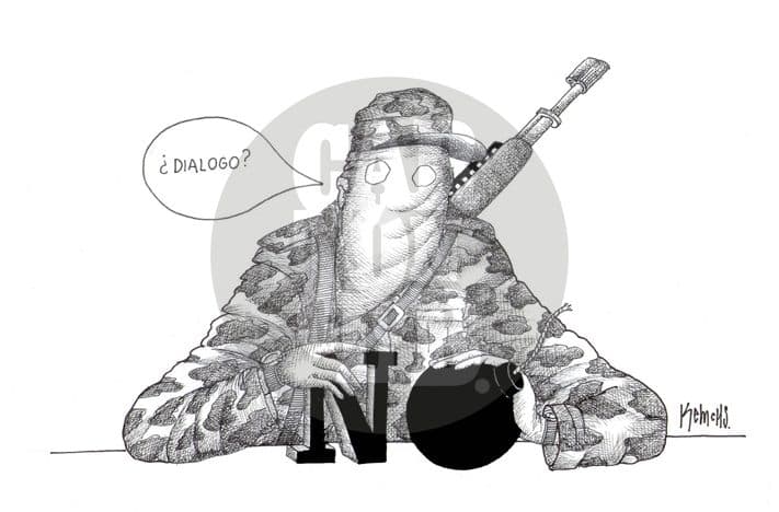 Un combatiente armado y encapuchado se niega al diálogo, apoyado sobre la palabra 'NO' junto a una granada.