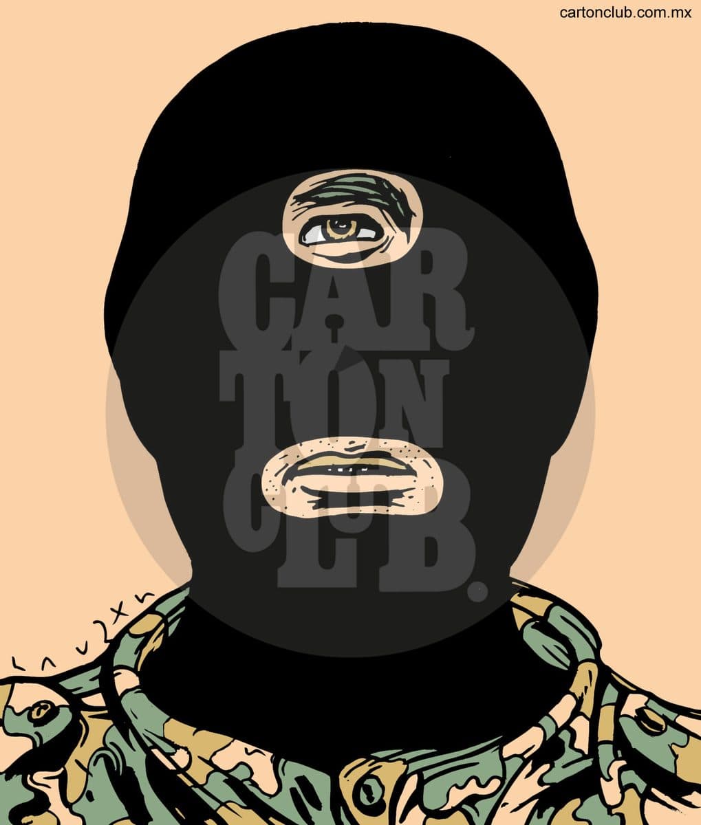 Retrato de un encapuchado con uniforme camuflado y un solo ojo visible, evocando la figura genérica del guerrillero o terrorista.