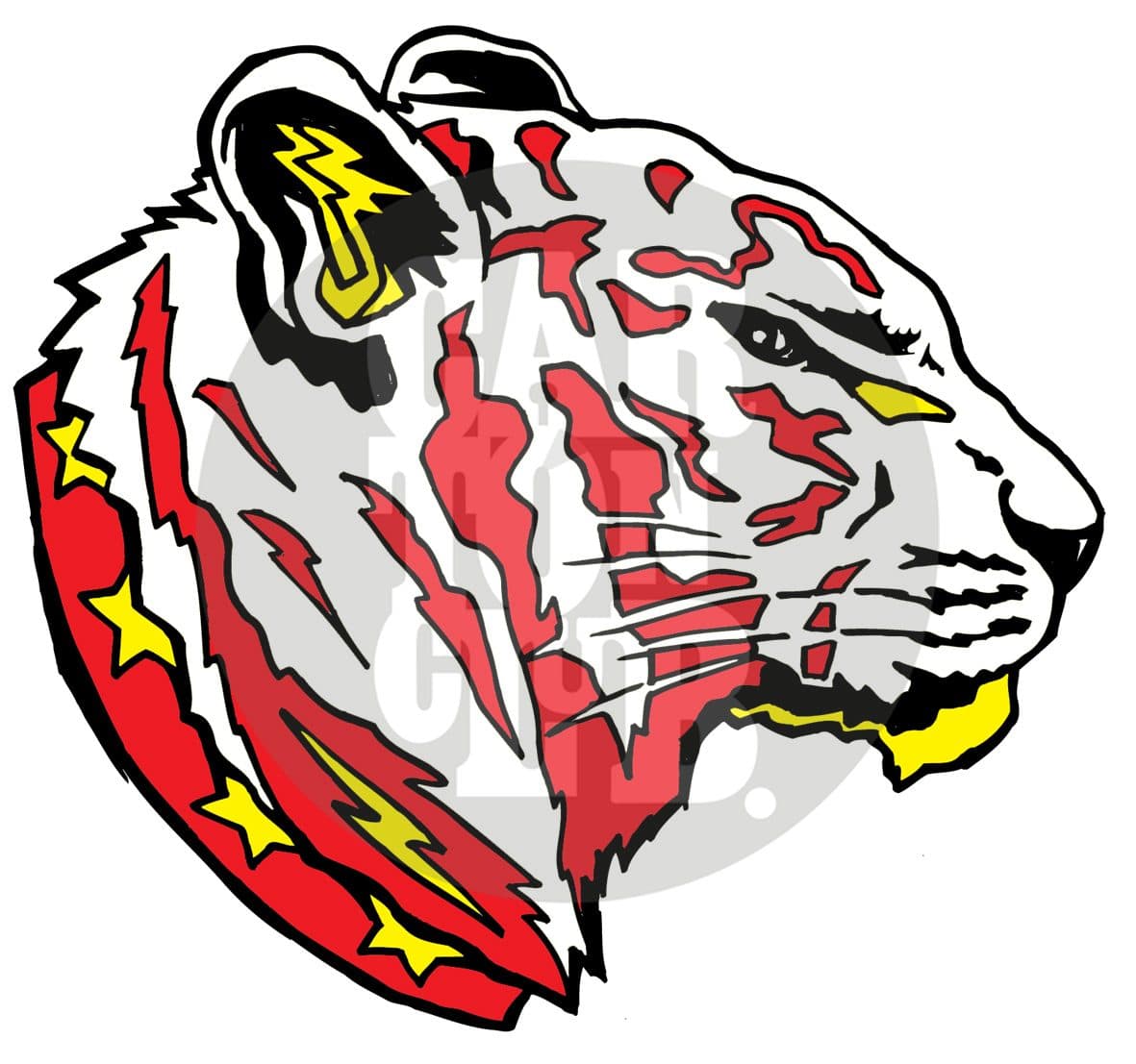 Ilustración estilizada de la cabeza de un tigre blanco, rojo y amarillo que representa el signo del horóscopo chino del Tigre.