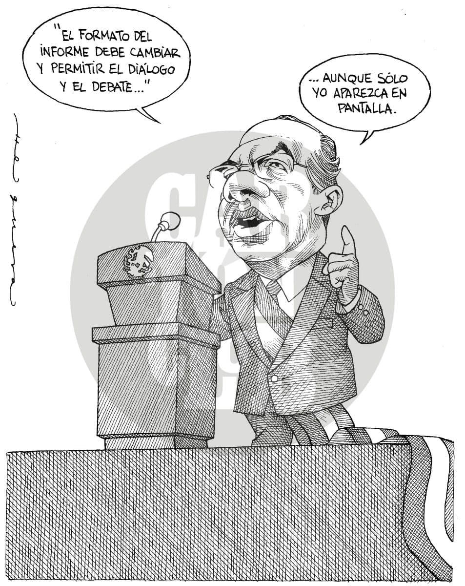 Un presidente en el podio pide que el formato del informe permita diálogo y debate, aunque de inmediato aclara que solo él debe aparecer en pantalla, evidenciando la contradicción entre discurso democrático y práctica autoritaria.
