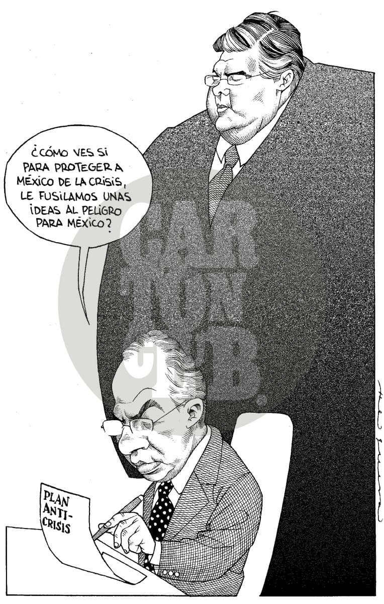 Una figura sombría sugiere a un funcionario que redacta un plan anticrisis tomar ideas de quien antes fue llamado 'peligro para México', en referencia a la crisis económica de 2008.
