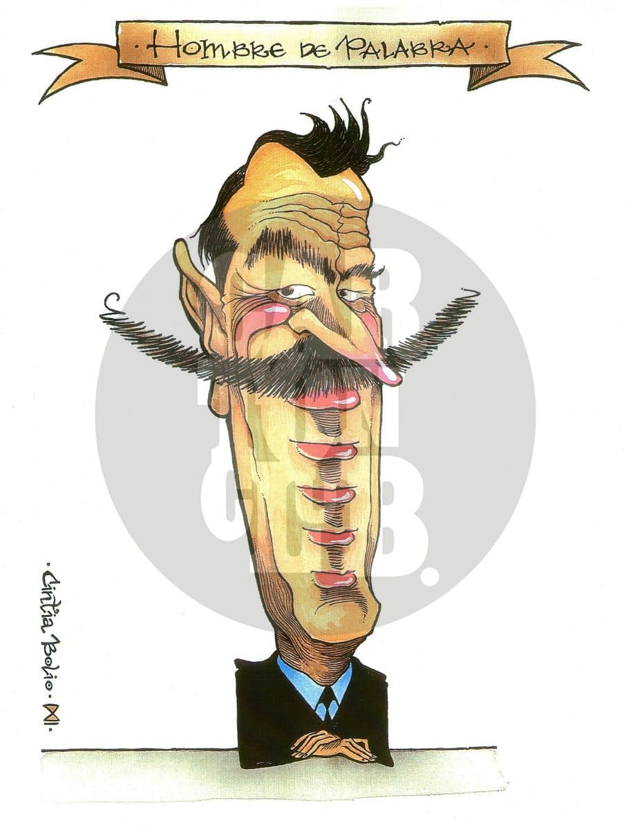 Caricatura de un hombre con el rostro alargado como una lengua bajo el título irónico 'Hombre de Palabra', aludiendo a promesas incumplidas.