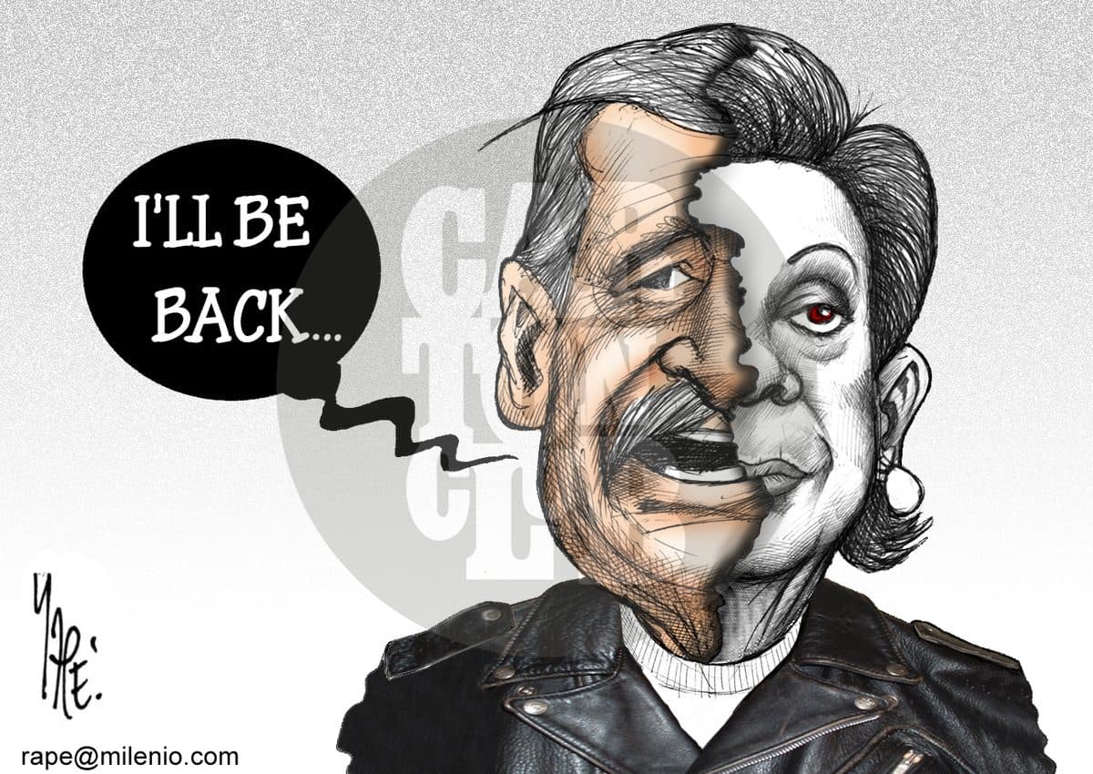 Un rostro dividido entre dos versiones distintas de un mismo hombre dice 'I'll be back', aludiendo a un posible regreso a la vida pública.