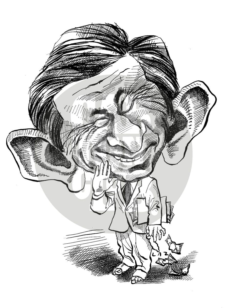 Caricatura de un hombre sonriente con dinero cayendo de sus bolsillos, aludiendo a un escándalo de corrupción.