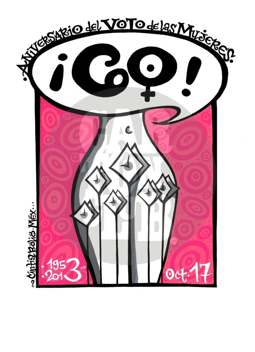 ¡60! Aniversario del voto femenino en México, cartón de Cintia Bolio