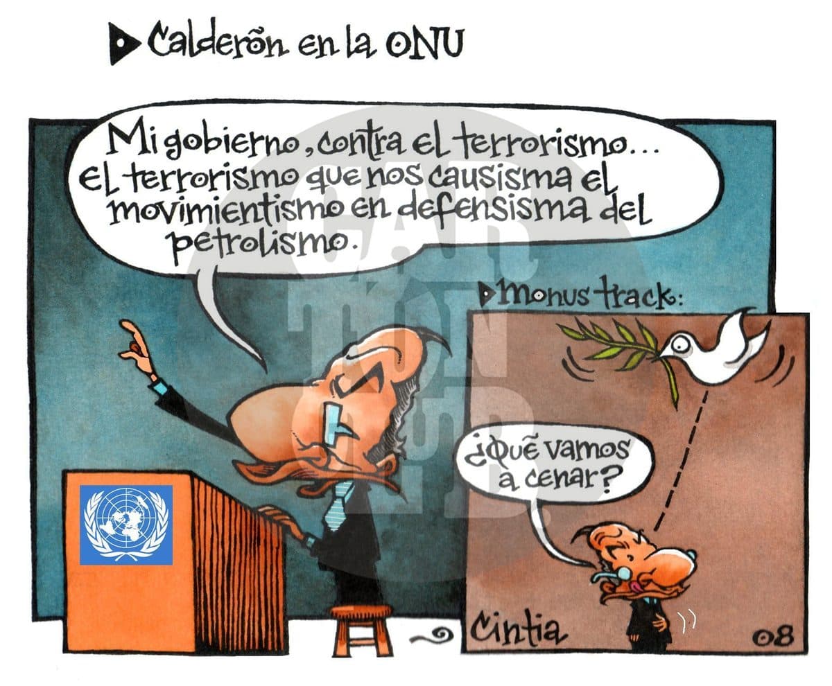 Calderón en la ONU, cartón de Cintia Bolio