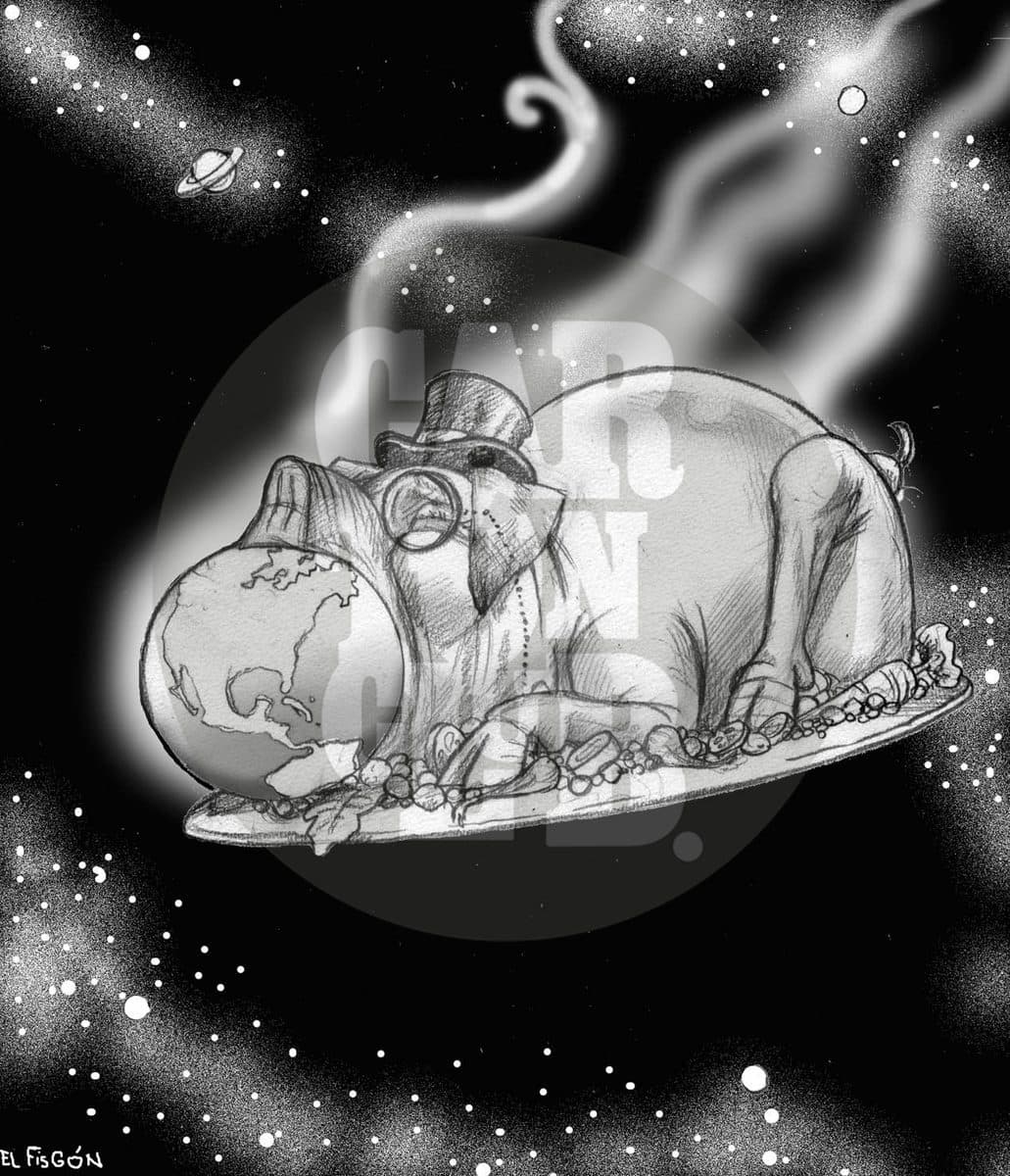 Capitalismo salvaje y calentamiento global, cartón de El Fisgón