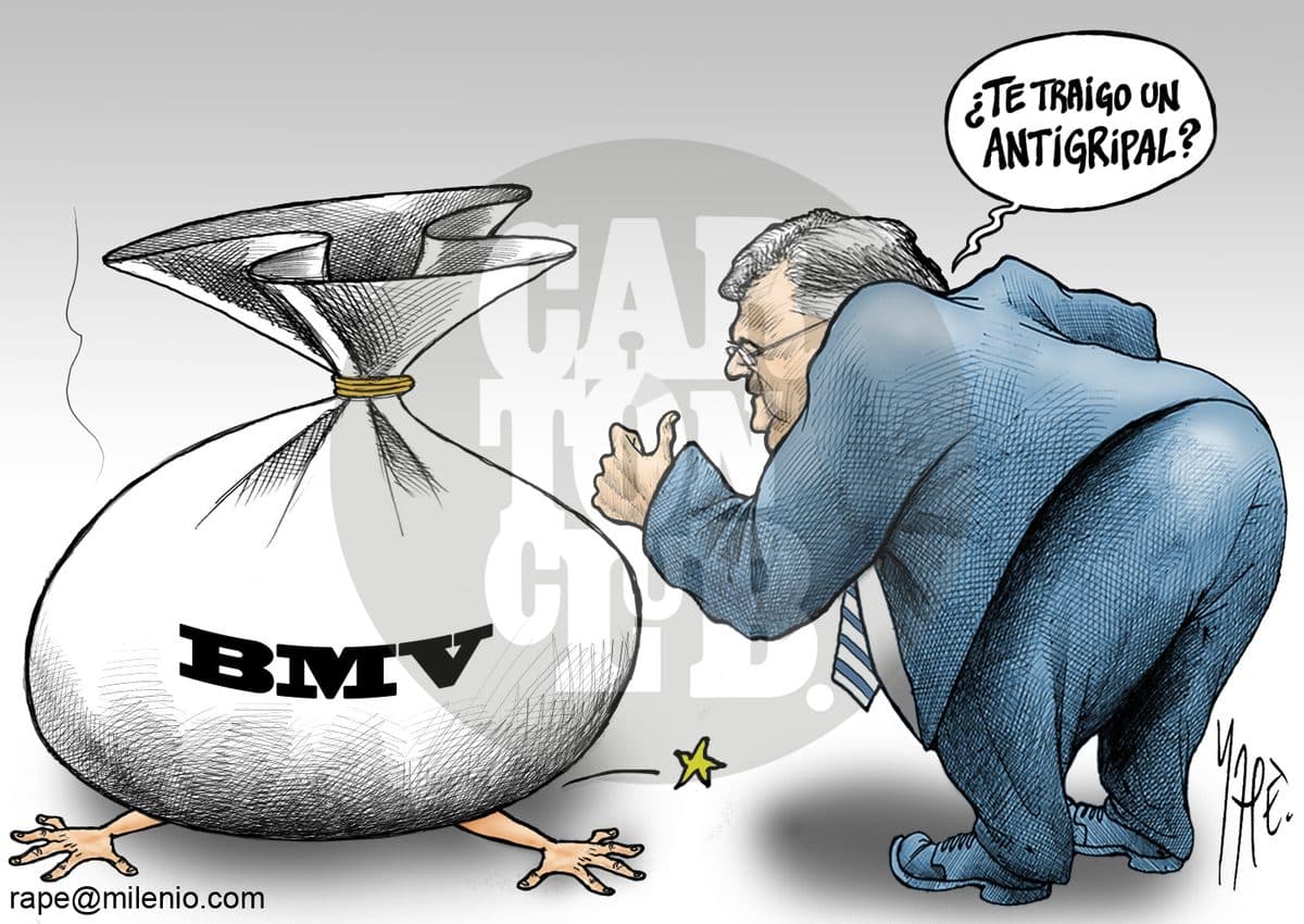 Un costal de dinero con el logotipo de la Bolsa Mexicana de Valores yace tirado como si estuviera enfermo mientras un hombre le ofrece un medicamento, en alusión a la crisis financiera.