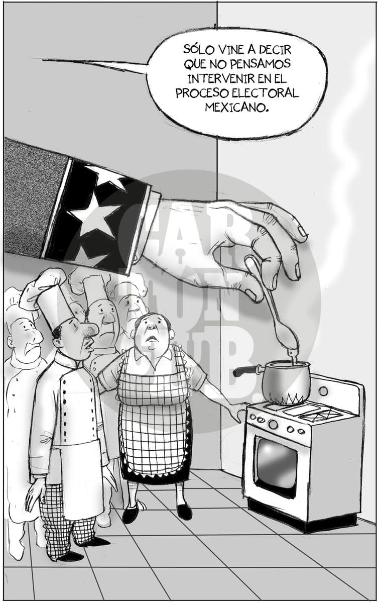 Una mano gigante con manga de barras y estrellas remueve una olla mientras un grupo de cocineros observa, y su dueño asegura, de forma irónica, que no piensa intervenir en el proceso electoral mexicano.