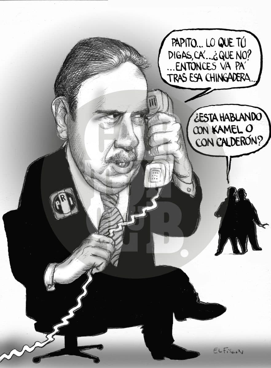 Un político priista habla por teléfono de forma comprometedora mientras dos figuras en la sombra se preguntan si conversa con Kamel o con Calderón.