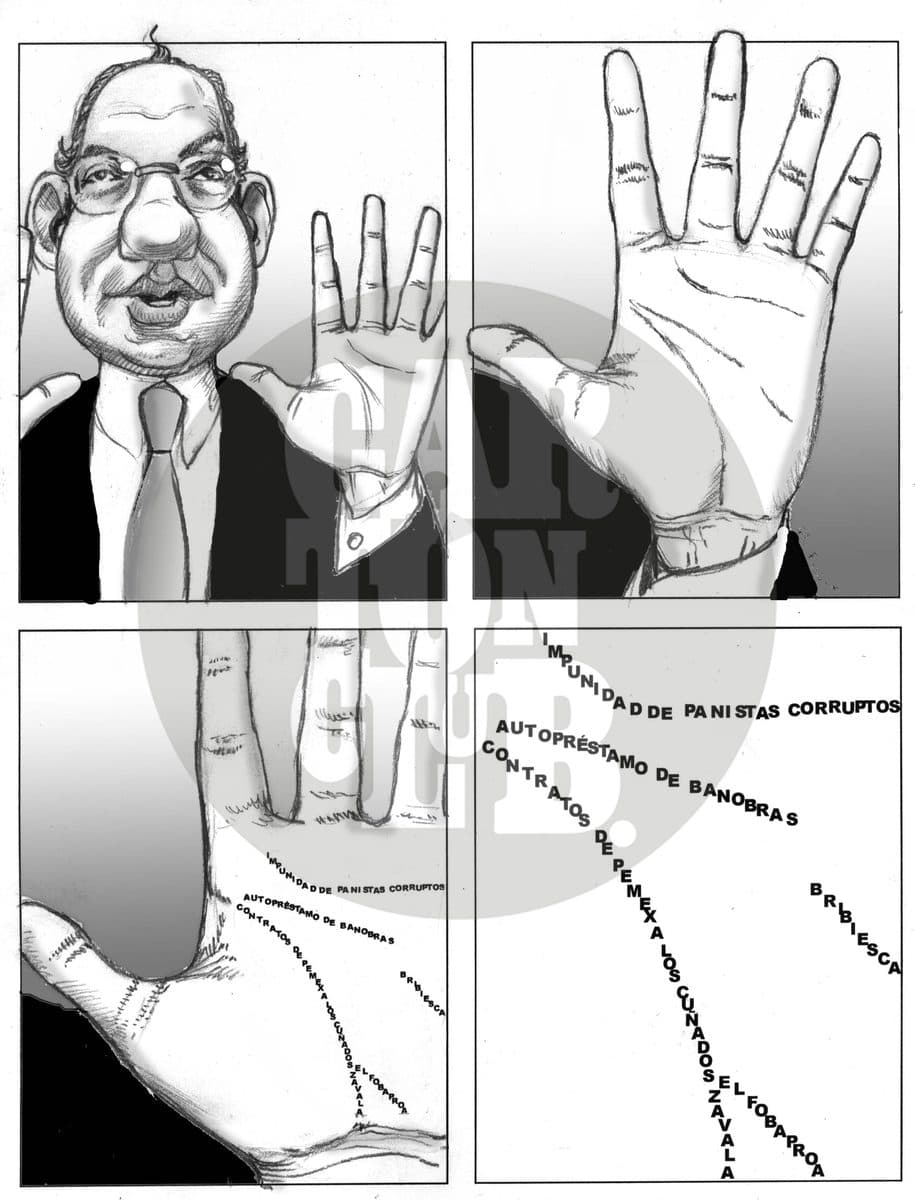 Manos limpias, letra pequeña, cartón de El Fisgón