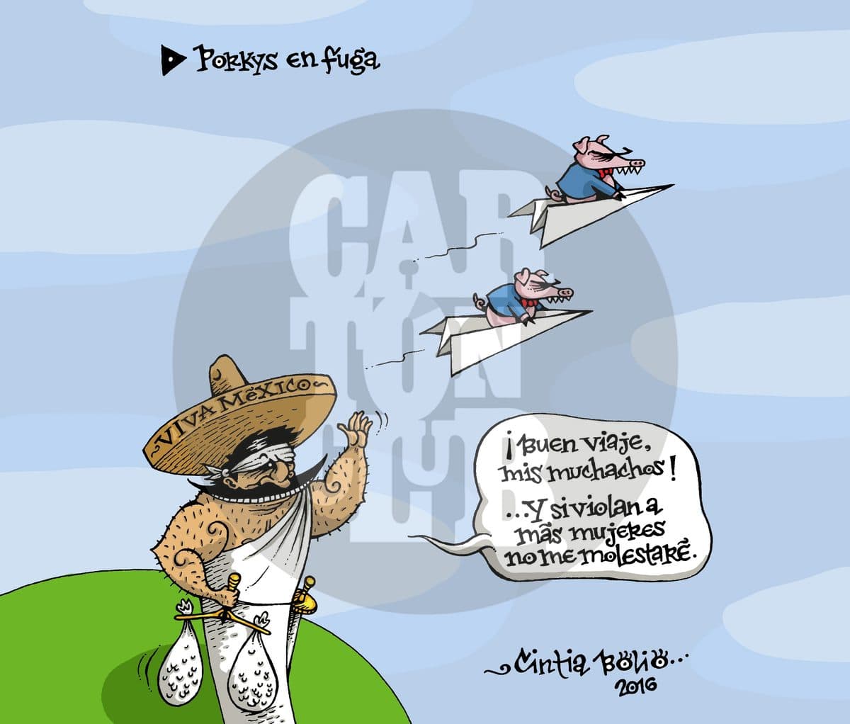Porkys en fuga, cartón de Cintia Bolio