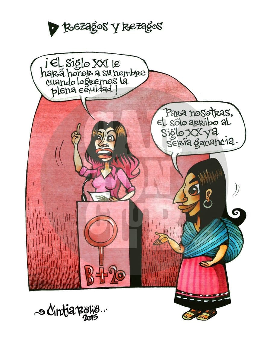 Rezagos y rezagos, cartón de Cintia Bolio