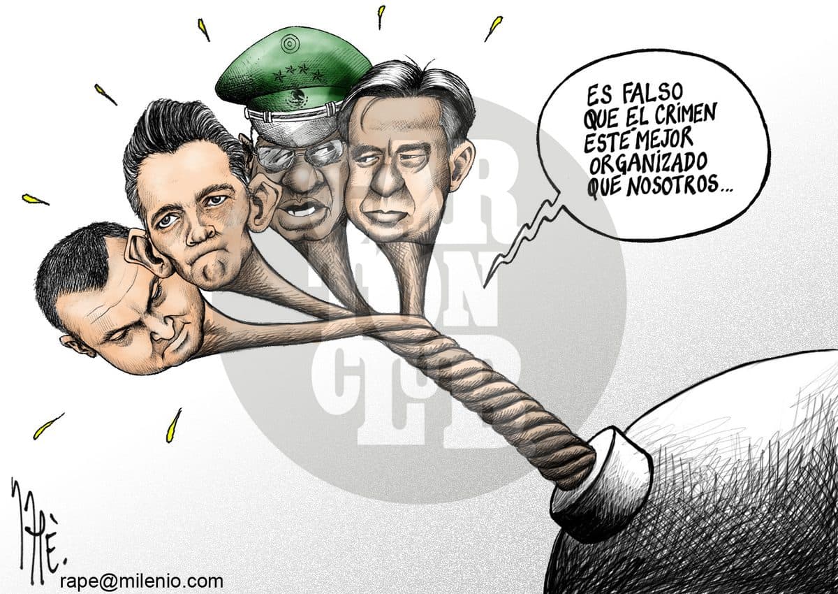 Cuatro cabezas de funcionarios, entre ellos uno con gorra militar, están ensartadas en un asador sostenido por una figura oscura, mientras aseguran que es falso que el crimen esté mejor organizado que ellos.