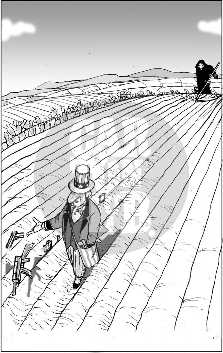 Siembra de armas, cartón de El Fisgón