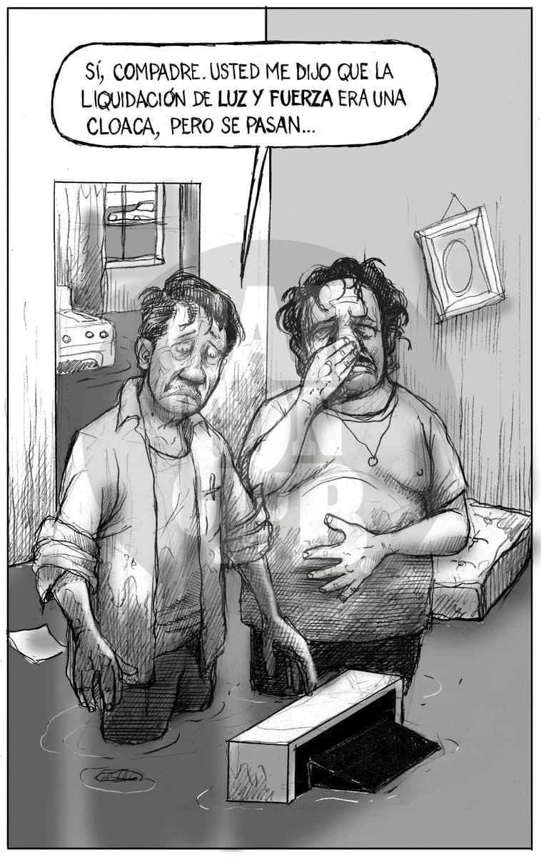 Dos hombres parados en una habitación inundada comentan que, aunque les dijeron que la liquidación de Luz y Fuerza era una cloaca, la situación se desbordó más de lo esperado.