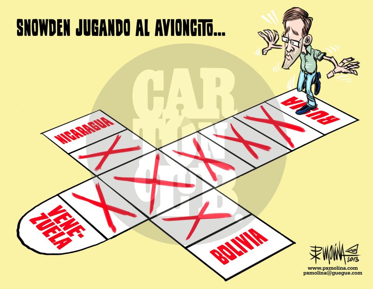 Snowden jugando al avioncito, cartón de PxMolina