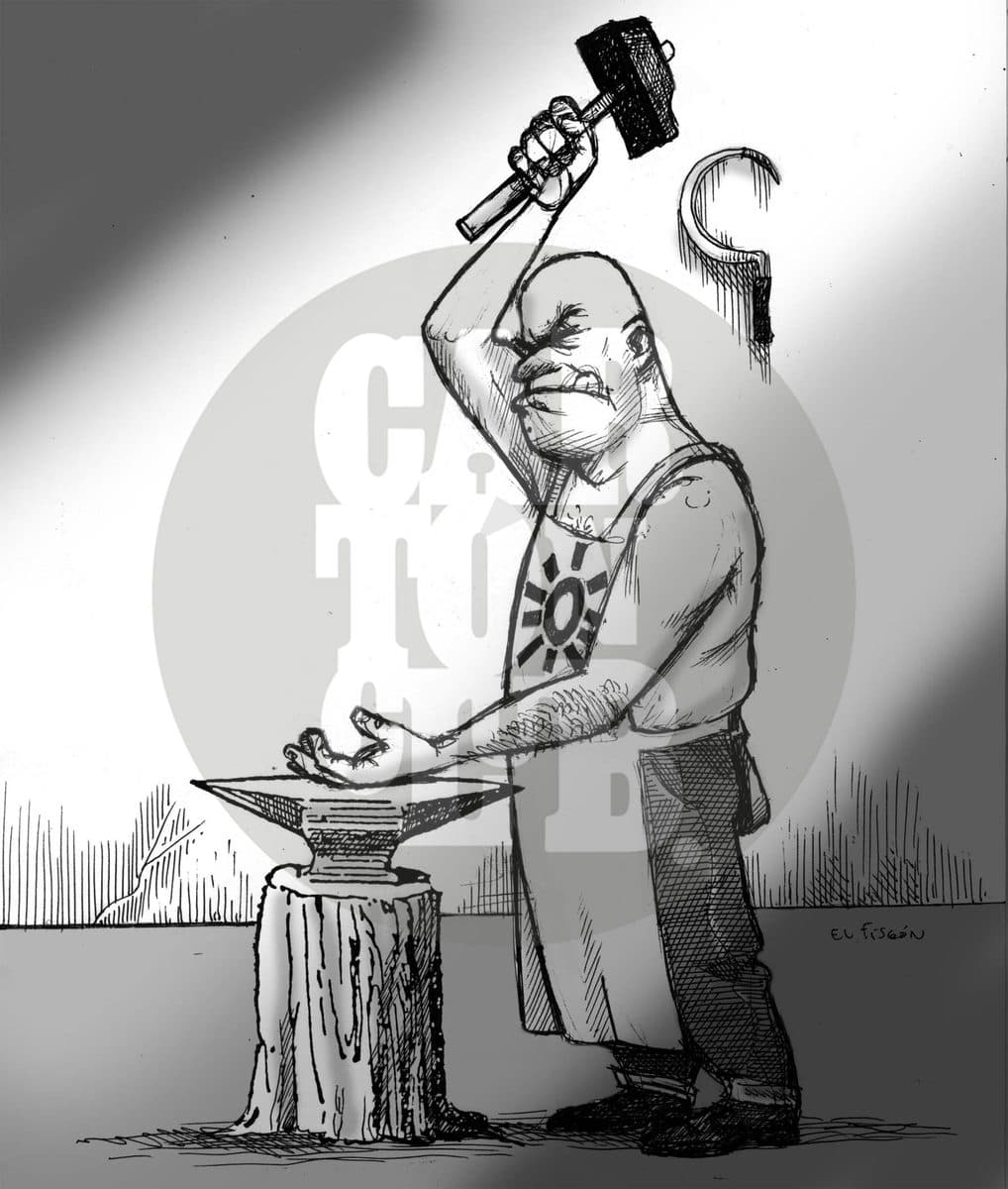 Una izquierda, entre el yunque y el martillo, cartón de El Fisgón